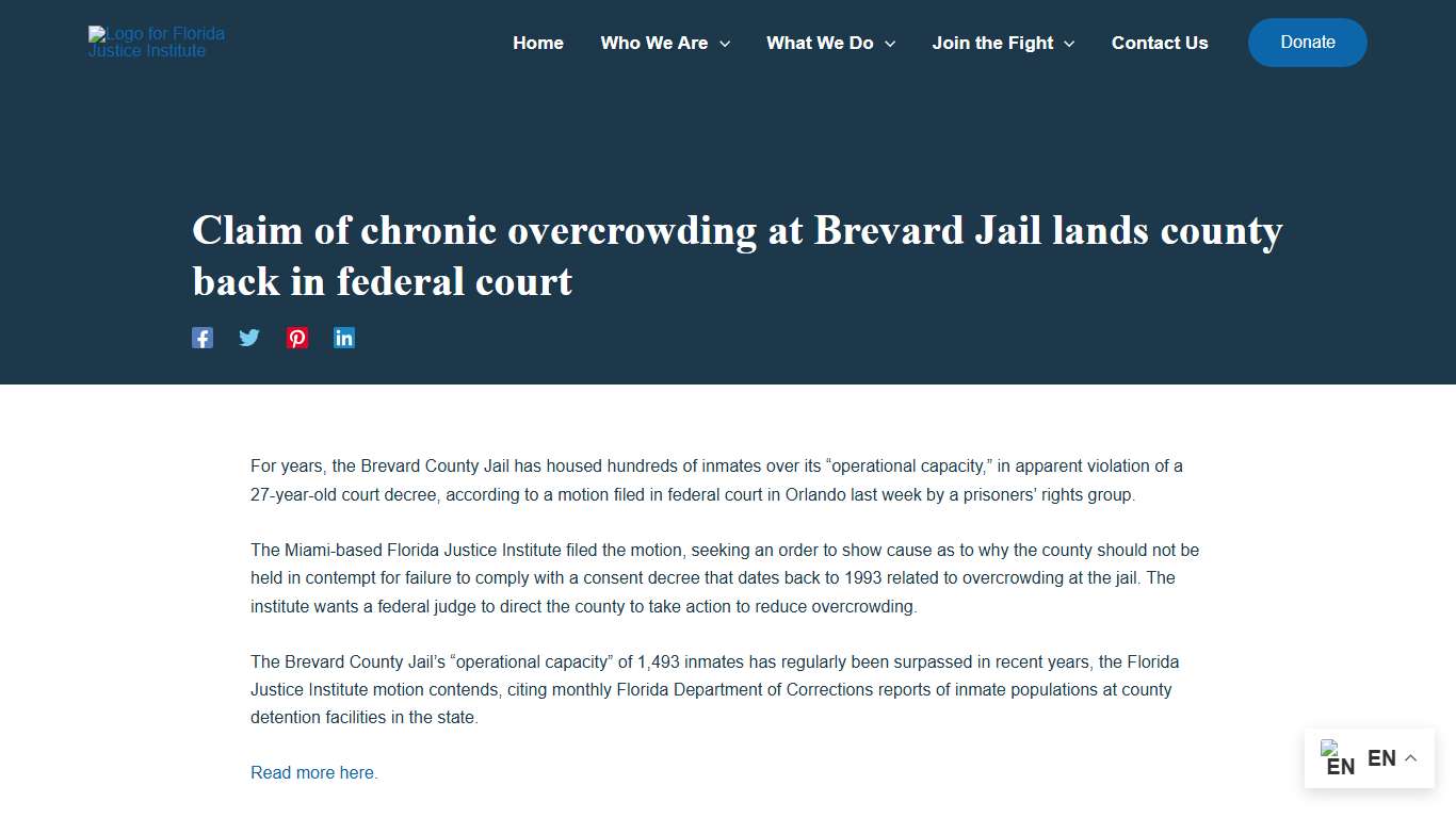 Claim of chronic overcrowding at Brevard Jail lands county back in federal court - Florida Justice Institute